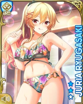 1girl :p barefoot bikini blonde_hair bottle breasts card_(medium) character_name cleavage closed_mouth day drink girlfriend_(kari) grey_bikini hair_ornament hair_scrunchie jewelry official_art outdoors pool qp:flapper red_eyes ryugasaki_juria scrunchie smile spa standing swimsuit tagme tongue tongue_out