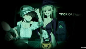 3girls :o :| absurdres animal_costume black_choker black_dress black_hair black_nails blonde_hair breasts choker cleavage clenched_teeth closed_mouth collarbone covered_erect_nipples covered_penis covered_testicles dress ear_piercing earrings enid_(tagua) erection ghost_costume half-closed_eyes hanging_breasts hat highleg highleg_dress highres huge_breasts jewelry large_breasts long_hair long_sleeves looking_at_viewer mole mole_on_breast mole_under_eye mole_under_mouth multiple_girls night no_i&#039;m_not_a_human original pelvic_curtain perspective piercing pointing pointing_at_viewer purple_eyes rene_(tagua) shark_costume short_hair sidelocks tagua teeth thick_eyebrows thighs trick_or_treat twintails witch_hat