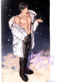 1boy abs black_boots black_hair boots character_name closed_mouth coat commentary happy_birthday highres love_and_deepspace male_focus ndsoda nipples outdoors pants pectorals short_hair snowing solo toned toned_male white_coat zayne_(love_and_deepspace)