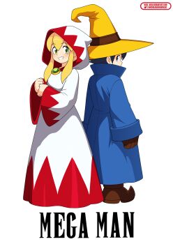 1boy 1girl absurdres back-to-back black_hair black_mage_(final_fantasy) black_mage_(final_fantasy)_(cosplay) blonde_hair blue_robe brother_and_sister commentary copyright_name cosplay english_commentary final_fantasy full_body green_eyes grey_eyes hat highres long_sleeves looking_at_viewer looking_back mega_man_(character) mega_man_(classic) mega_man_(series) nico-neko parted_lips robe roll_(mega_man) siblings simple_background smile standing watermark white_background white_mage_(final_fantasy) white_mage_(final_fantasy)_(cosplay) white_robe wide_sleeves wizard_hat