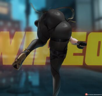 1girl ass ass_focus black_pants cameltoe curvy evelyn_chevalier falling gloves high_heels highres huge_ass knife leaning_forward legs oroborus pants standing standing_on_one_leg thick_thighs thigh_strap thighs tight_clothes zenless_zone_zero zzz_wipeout