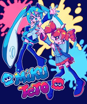 +_+ 2girls arm_up arms_up blue_eyes blue_hair blue_skin blue_tongue boots character_name collared_shirt colored_fingertips colored_skin colored_tongue commentary detached_sleeves drill_hair english_commentary fangs full_body hair_ornament hand_on_own_hip hatsune_miku highres inkling kasane_teto kasane_teto_(utau) kitnoko long_hair long_sleeves multicolored_skin multiple_girls necktie nintendo octoling open_mouth paint_splatter pink_skin pleated_skirt pointy_ears red_eyes red_hair red_skin shirt skirt sleeveless sleeveless_shirt smile splatoon_(series) tentacle_hair thigh_boots twin_drills twintails utau very_long_hair vocaloid