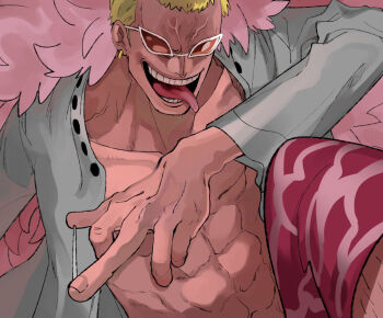 1boy abs blonde_hair capri_pants coat donquixote_doflamingo e8ylge earrings jewelry leg_hair looking_at_viewer male_focus muscular muscular_male one_piece open_clothes open_mouth open_shirt pants pink_coat shirt short_hair smile sunglasses teeth tongue tongue_out white_shirt