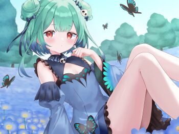 Rule 34 | 1girl, absurdres, bare legs, blue bow, blue collar, blue dress, blue flower, blue hair, blue sleeves, bow, breasts, bug, butterfly, cleavage, collar, commentary request, detached collar, detached sleeves, double bun, dress, earrings, field, flower, flower field, frilled collar, frilled dress, frills, gradient hair, green hair, hair bow, hair bun, hair ornament, highres, hololive, insect, jewelry, multicolored hair, outdoors, red eyes, short hair, sitting, skull earrings, skull hair ornament, sky, small breasts, solo, suyasuya neco, tree, uruha rushia, virtual youtuber, wide sleeves