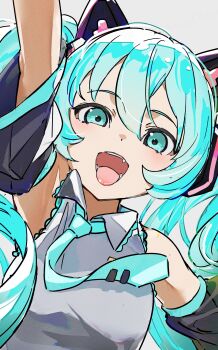1girl :d absurdres animal_ear_headphones animal_ears aqua_eyes aqua_hair aqua_necktie arm_up black_sleeves blush cat_ear_headphones cat_ears collared_shirt commentary_request detached_sleeves dot_nose double-parted_bangs fake_animal_ears floating_hair frilled_shirt frilled_shirt_collar frills from_below grey_background grey_shirt hair_between_eyes hatsune_miku headphones highres long_hair looking_at_viewer loose_hair_strand mugi626 necktie open_mouth raised_eyebrows shirt simple_background sleeveless sleeveless_shirt smile solo twintails upper_body very_long_hair vocaloid