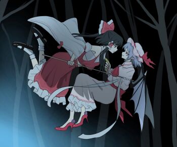 2girls ascot ascot_grab bat_wings black_eyes black_hair blue_hair bow clothes_grab collared_shirt detached_sleeves eye_contact frilled_bow frilled_hair_tubes frilled_shirt_collar frilled_skirt frills gohei hair_bow hair_tubes hakurei_reimu hat hat_ribbon high_heels highres holding holding_gohei long_hair looking_at_another mary_janes mati100311 mob_cap multiple_girls neckwear_grab open_mouth pink_hat pink_shirt pink_skirt pointy_ears red_ascot red_bow red_eyes red_shoes red_skirt remilia_scarlet ribbon shirt shoes skirt skirt_set smile socks touhou white_socks wings yellow_ascot yuri