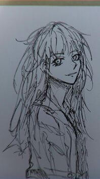 1girl commentary dyaursie00 english_commentary from_side grey_background greyscale highres jacket looking_at_viewer messy_hair monochrome original parted_lips pen_(medium) portrait simple_background sketch solo traditional_media unfinished