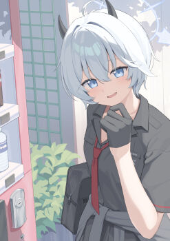 1girl absurdres ahoge bag black_bag black_gloves black_horns black_shirt blue_archive blue_eyes blue_halo bottle bush cardigan cardigan_around_waist clothes_around_waist collared_shirt commentary_request dot_nose erika_(blue_archive) gloves grey_cardigan grey_hair hair_between_eyes half_gloves halo happy highres horns hotarihotaru light_blush looking_at_viewer necktie open_mouth outdoors red_necktie school_bag shirt short_hair short_sleeves solo standing upper_body vending_machine water_bottle zipper_pull_tab