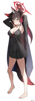 1girl absurdres animal_ear_fluff animal_ears arms_behind_head babydoll barefoot black_babydoll black_hair black_jacket blue_archive breasts cleavage closed_mouth colored_inner_hair commentary_request fox_ears fox_girl fox_tail halo highres jacket large_breasts long_hair multicolored_hair open_clothes open_jacket red_hair red_halo solo tail two-tone_hair udonpan wakamo_(blue_archive) yellow_eyes