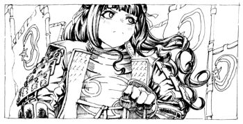 1girl alternate_costume armor banner blunt_bangs blush border crossdressing crossdressing_(ftm) floating_hair frown fujii_tomo greyscale holding holding_reins idolmaster idolmaster_cinderella_girls japanese_armor jinbaori kote long_hair looking_to_the_side monochrome nib_pen_(medium) nobori pen_(medium) reins samurai serious shoulder_armor sode solo traditional_media tv_nattou upper_body v-shaped_eyebrows