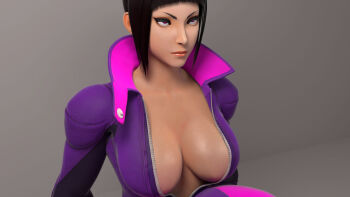 1girl 20s 3d black_hair blender_(medium) blunt_bangs bodysuit breasts capcom catsuit cleavage dpmaker female_focus grey_background han_juri high_collar highres kneeling large_breasts multicolored_bodysuit pink_bodysuit pink_eyes purple_bodysuit rolling_eyes short_hair sidelocks simple_background solo street_fighter street_fighter_v testicles uncensored unzipped zipper