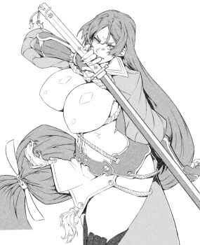 1girl armor bodysuit breasts commentary_request elbow_gloves fate/grand_order fate_(series) fingerless_gloves gloves greyscale japanese_armor katana korean_commentary kote large_breasts long_hair looking_at_viewer minamoto_no_raikou_(fate) minew monochrome parted_bangs pelvic_curtain ribbed_sleeves rope solo sword tassel very_long_hair weapon