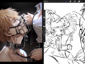 2boys 2girls astarion baldur&#039;s_gate baldur&#039;s_gate_3 belt black_necktie blonde_hair chainsaw_man collar comparison denji_(chainsaw_man) dungeons_&amp;_dragons dungeons_&amp;_dragons elf femdom highres holding holding_leash leash looking_up makima_(chainsaw_man) male_focus monochrome multiple_boys multiple_girls muzzle_(mask) necktie pointy_ears recurring_image red_hair side-by-side sketch unfinished vampire variant_set xunhe1145