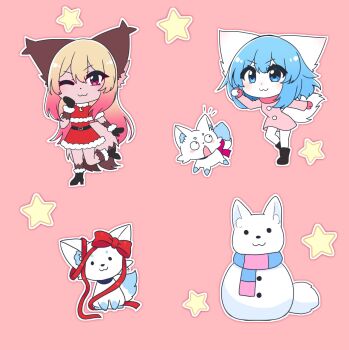 2girls :3 ;3 animal_ear_fluff animal_ears belt black_belt black_boots black_mittens blonde_hair blue_eyes blue_hair blue_scarf blush blush_stickers boots brown_fur capelet chibi chibi_only christmas closed_mouth coat commentary dot_nose double-parted_bangs dress english_commentary eyelashes fox_ears fox_girl fox_tail full_body fur-trimmed_boots fur-trimmed_capelet fur-trimmed_dress fur_trim furry furry_female gradient_hair hand_on_own_face high_heel_boots high_heels highres holding holding_snowball indie_virtual_youtuber leg_up long_hair looking_at_viewer luna_(wolfychu) mittens multicolored_hair multicolored_scarf multiple_girls multiple_tails notice_lines one_eye_closed open_mouth original outline pink_background pink_coat pink_eyes pink_hair pink_mittens pink_scarf red_capelet red_dress red_ribbon ribbon santa_costume santa_dress scarf short_hair simple_background smile snowball snowman star_(symbol) star_symbol_background surprised tail tan thick_eyelashes two-tone_hair two-tone_scarf two_tails v-shaped_eyebrows very_long_hair virtual_youtuber white_fur white_outline white_tail wide-eyed wolf wolf_ears wolf_girl wolf_tail wolfychu wolfychu_(artist)