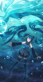 1girl aqua_hair bad_id bad_pixiv_id bubble detached_sleeves closed_eyes female_focus full_body hatsune_miku headset highres legs long_hair necktie skirt solo thighhighs twintails underwater very_long_hair vocaloid wet wet_clothes yakka zettai_ryouiki