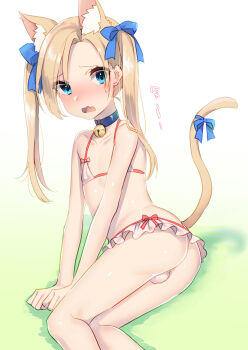 1boy akagi_kurage animal_ears ass bare_arms bell bikini blonde_hair blue_bow blue_eyes blush bow bulge cat_boy cat_ears cat_tail fang highres jingle_bell long_hair looking_at_viewer male_focus neck_bell open_mouth original shota skin_fang solo swimsuit tail tail_bow tail_ornament trap twintails wavy_mouth