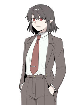 Rule 34 | 1girl, brown hair, brown jacket, brown pants, closed mouth, collared shirt, commentary request, hands in pockets, highres, jacket, light smile, long sleeves, missing headwear, necktie, official alternate costume, open clothes, open jacket, pants, pointy ears, red eyes, red necktie, sakic43899, shameimaru aya, shameimaru aya (newsboy), shirt, simple background, solo, suit jacket, tie clip, touhou, white background, white shirt