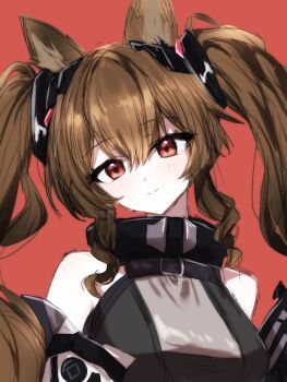 1girl alternate_breast_size_(larger) angelina_(arknights) animal_ear_fluff animal_ears arknights arknights:_endfield bare_shoulders belt breasts brown_hair coat commentary double-parted_bangs dress fox_ears gilberta_(arknights) grey_dress hair_between_eyes head_tilt high_belt highres hiyoko_(96823534) impossible_clothes impossible_dress large_breasts long_hair long_sidelocks looking_at_viewer one-hour_drawing_challenge open_clothes open_coat polka_dot red_background red_eyes sidelocks simple_background sleeveless sleeveless_dress smile solo twintails upper_body