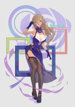 Rule 34 | 1girl, absurdres, asymmetrical bangs, bare shoulders, black pantyhose, breasts, brown hair, contrapposto, cross, cross-laced clothes, cross earrings, dress, earrings, english text, floral print, full body, garter straps, genshin impact, gloves, gold trim, green eyes, hand up, high heels, highres, jewelry, jingtailan, large breasts, legs together, lisa (genshin impact), long hair, monocle, open mouth, pantyhose, purple dress, purple gloves, purple shoes, rose print, shadow, shapes, shoes, side slit, simple background, solo, standing, teeth, upper teeth only, white background