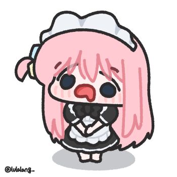 Rule 34 | 1girl, apron, black dress, blank stare, blue eyes, bocchi the rock!, chibi, chibi only, confused, dress, drooling, full body, gotoh hitori, highres, long hair, looking at viewer, lulalang, maid, maid headdress, mouth drool, one side up, open mouth, pink hair, simple background, solo, standing, twitter username, white apron, white background