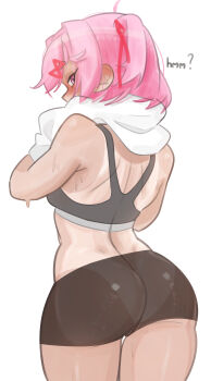 1girl absurdres ass back bare_shoulders blush commentary doki_doki_literature_club emiillb english_commentary gym_shorts hair_ribbon highres holding holding_towel natsuki_(doki_doki_literature_club) pink_eyes pink_hair red_ribbon ribbon shorts solo sweat tan tanline towel