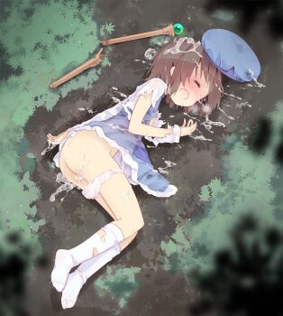 1girl after_rape aftersex ass battle blue_dress blue_hat blush breasts breasts_out brown_hair closed_eyes crying cum cum_in_mouth cum_in_pussy cum_on_ass cum_on_body cum_on_clothes cum_on_hair cum_pool cumdrip defeat dress drooling feet female_focus fingernails flat_chest forest fortune_summoners from_above full_body hat heavy_breathing highres kuroba_u legs_together loli long_sleeves lying nature nipples no_shoes on_ground on_side open_mouth outdoors panties panty_pull pink_panties profile rape sana_poanet short_hair socks solo steam tears torn_clothes torn_dress torn_socks underwear wand white_socks