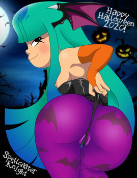 1girl ass ass_focus bodysuit breasts capcom cleft_of_venus clothes_pull clothing_aside cosplay crossover darkstalkers disguise fat_mons female_focus glitch_techs halloween halloween_costume highres huge_ass looking_at_viewer looking_back miko_kubota morrigan_aensland morrigan_aensland_(cosplay) netflix nickelodeon panties panties_aside panty_pull smile solo spellcaster_knight underwear