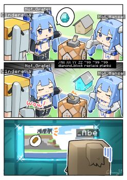 4girls abe_(nikke) block_(minecraft) block_(object) blonde_hair blue_eyes blue_hair blush bodysuit breasts cinderella_(nikke) cleavage clothing_cutout command_block command_input diamond_(gemstone) diamond_(minecraft) dress flower-shaped_hair folded_hair gloves goddess_of_victory:_nikke gretel_(nikke) hair_intakes hansel_(nikke) highres isometric long_hair looking_at_viewer minecraft minecraft_(style) multiple_girls navel old_tales_(nikke) open_mouth ponytail pouch ribbed_shrug shrug_(clothing) siblings smile twins twintails undreaming very_long_hair white_bodysuit white_hair