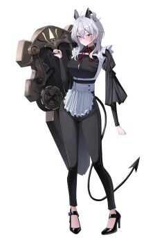 1girl alternate_costume apron black_horns black_pants black_shirt black_shoes black_tail blush breasts button_gap closed_mouth collared_shirt commentary_request curled_horns demon_tail enmaided full_body grey_eyes grey_hair hair_between_eyes high_heels highres holding holding_shield horns korean_commentary large_breasts long_hair long_sleeves maid multicolored_eyes multicolored_hair pants red_eyes shield shirt shoes simple_background smile solo starblue streaked_hair tail tight_clothes tight_pants two-tone_eyes waist_apron white_background wuthering_waves zani_(wuthering_waves)