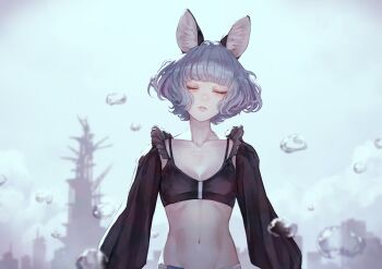 1girl animal_ears blunt_bangs breasts closed_eyes facing_viewer grey_hair highres kamitsubaki_studio kaoming long_sleeves navel nina_(valis) parted_lips short_hair sinsekai_record small_breasts solo upper_body valis_(sinsekai) virtual_youtuber