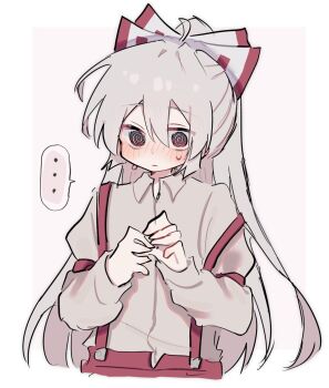 ... 1girl @_@ blush bow closed_mouth collared_shirt commentary embarrassed fujiwara_no_mokou hair_between_eyes hair_bow hands_up highres long_hair long_sleeves maruten_moko pants red_eyes red_pants shirt solo speech_bubble sweatdrop touhou upper_body very_long_hair white_hair white_shirt