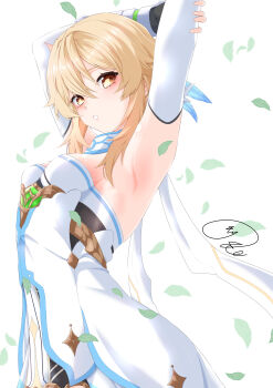 1girl absurdres arm_behind_head armpits arms_up bare_shoulders blonde_hair blush breasts commentary_request cowboy_shot dress elbow_gloves eyebrows_hidden_by_hair eyelashes falling_leaves fingerless_gloves from_side genshin_impact gloves hair_between_eyes highres leaf looking_at_viewer lumine_(genshin_impact) maximum7010 medium_breasts medium_hair parted_lips presenting_armpit sideboob signature simple_background solo strapless strapless_dress white_background white_dress white_gloves yellow_eyes