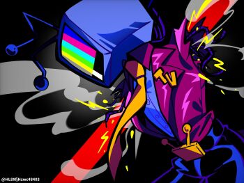 Rule 34 | 1boy, ant tenna, belt buckle, buckle, cable, cowboy shot, crt, deltarune, haiyang shengwu, highres, humanoid robot, jacket, male focus, mechabare, missing limb, necktie, object head, red jacket, robot, shirt, solo, spoilers, torn clothes, torn jacket, twitter username, utdr (toby fox), white shirt, yellow necktie