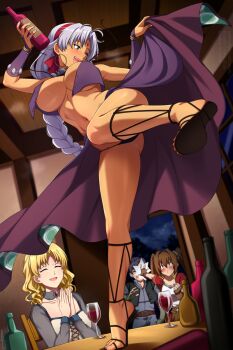 1boy 3girls :d ^_^ blonde_hair blue_eyes bottle breast_curtains breasts cape closed_eyes commentary cup dark-skinned_female dark_skin drinking_glass earrings eiyuu_densetsu english_commentary estelle_bright grey_hair hairband highres holding holding_bottle hoop_earrings jewelry joshua_bright large_breasts lindaroze multiple_girls navel navel_piercing open_mouth piercing purple_cape red_hairband scherazard_harvey short_hair smile sora_no_kiseki standing standing_on_one_leg wine_bottle wine_glass