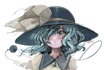 Rule 34 | 1girl, artist collaboration, artist name, black hat, blush, bow, brown bow, brown ribbon, buttons, commentary request, contrast collar, dated, diamond button, eyelashes, green eyes, green hair, hair over one eye, hat, hat bow, hat ribbon, highres, komeiji koishi, long bangs, looking at viewer, medium hair, one eye covered, parted lips, portrait, ribbon, shirt, simple background, solo, straight-on, swept bangs, tami (joemanyodw), third eye, touhou, wavy hair, white background, yellow shirt, yyuuii