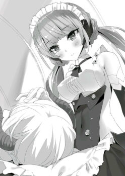 1boy 1girl android bare_shoulders blunt_bangs blush braid breasts closed_mouth clothing_cutout collared_shirt covered_navel cowboy_shot crown_braid demon_horns detached_sleeves diablo_(isekai_maou) frilled_shirt frills gloves greyscale horns isekai_maou_to_shoukan_shoujo_no_dorei_majutsu lap_pillow large_breasts long_hair looking_down lying lying_on_lap maid maid_headdress mecha_musume monochrome novel_illustration official_art robot_ears rose_(isekai_maou) shirt short_hair side_cutout sideboob sitting sleeping sleeping_on_person sleeveless smile third-party_source tsurime tsurusaki_takahiro twintails underbust very_long_hair