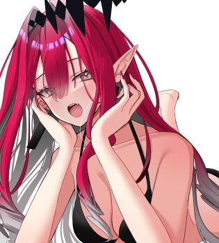 1girl absurdres baobhan_sith_(fate) bare_shoulders bikini black_bikini blush breasts cleavage collarbone commentary_request earrings fate/grand_order fate_(series) grey_eyes highres jewelry large_breasts long_hair looking_at_viewer lying nigori_(keydoor) on_stomach open_mouth pink_hair pointy_ears sidelocks solo swimsuit tiara