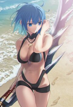 1girl aora bare_shoulders beach bikini black_bikini blue_eyes blue_hair breasts c.i.e.l_(fate) ciel_(swimsuit_mooncancer)_(fate) ciel_(tsukihime) cleavage cross cross_necklace fate/grand_order fate_(series) highres jewelry large_breasts looking_to_the_side mysterious_executor_c.i.e.l_(fate) navel necklace shore short_hair solo swimsuit sword thigh_strap thighs tsukihime weapon