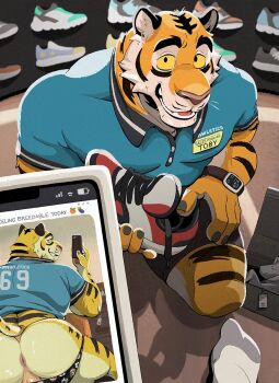 1boy animal_ears animal_print anus ass bara black_male_underwear blue_shirt bulge cellphone collared_shirt colored_sclera employee_uniform furry furry_male gh0stfood highres holding holding_phone kneeling large_pectorals looking_at_viewer male_focus male_underwear muscular muscular_male name_tag orange_fur original pectorals penis phone pov selfie shirt shorts smile tail taking_picture thick_eyebrows tiger_boy tiger_ears tiger_stripes tiger_tail underwear watch whiskers white_fur wristwatch yellow_sclera