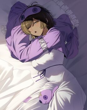 1girl antenna_hair between_legs brown_hair co_duck commentary cowboy_shot dark-skinned_female dark_skin dress e.g.o_(project_moon) eye_mask half-closed_eye hashtag-only_commentary head_on_pillow highres hood hoodie i'll_go_fer_scissors._how_'bout_you?_(e.g.o) limbus_company looking_at_viewer lying mask mask_on_head medium_hair on_bed on_side one_eye_closed outis_(project_moon) pillow project_moon purple_hoodie purple_mask purple_ribbon ribbon sleeves_past_fingers sleeves_past_wrists solo stuffed_toy white_dress yawning yellow_eyes