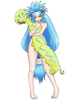 1girl big_hair blue_hair chrono_trigger closed_mouth forehead_protector long_hair looking_at_viewer monster nude queen_zeal s-a-murai simple_background standing very_long_hair white_background yellow_eyes