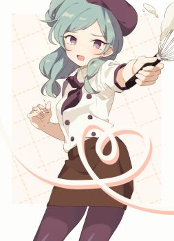 1girl alternate_costume beta_(inazuma_eleven) blue_hair border brown_skirt commentary cream ebi_(shrimp_eleven) full_body hat highres inazuma_eleven_(series) inazuma_eleven_go inazuma_eleven_go_chrono_stone light_blush long_hair neckerchief no_pupils pantyhose patissier purple_eyes purple_hat purple_neckerchief shirt skirt whisk white_border white_shirt