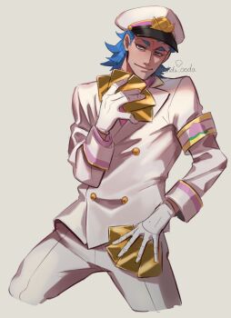 1boy 2bro. absurdres anija_(2bro.) armband blue_eyes blue_hair closed_mouth commentary_request cropped_legs gloves hat highres holding jacket long_sleeves looking_at_viewer male_focus military_uniform pants peaked_cap saida_(ohda_ooda) solo white_gloves white_hat white_jacket white_pants