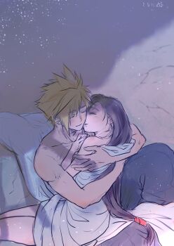 Rule 34 | 1boy, 1girl, baggy pants, black hair, blanket, blonde hair, blue pants, blush, closed eyes, cloud strife, collarbone, couple, earrings, feet out of frame, final fantasy, final fantasy vii, heads together, hetero, hug, jewelry, long hair, low-tied long hair, naked blanket, ninnin5tora, pants, short hair, signature, sitting, sky, spiked hair, star (sky), starry sky, tifa lockhart, topless male