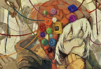Rule 34 | 1other, androgynous, buttons, chullo, commentary request, covering own mouth, half-closed eyes, hat, highres, hood, hood down, hooded jacket, jacket, long sleeves, needle, original, pom pom (clothes), popoyossy, portrait, sewing needle, solo focus, sweater, thread, white hair