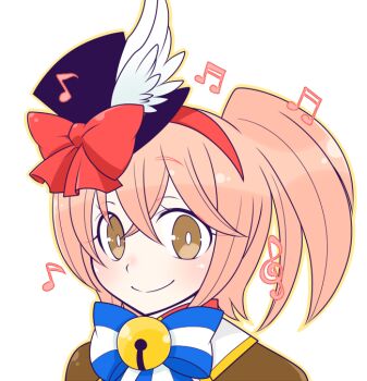 Rule 34 | 1girl, bell, blue bow, blue bowtie, blush, bow, bowtie, brown cape, brown eyes, brown hat, cape, closed mouth, commentary request, genetic (ragnarok online), hairband, hat, hat bow, jacket, jingle bell, looking at viewer, musical note, neck bell, oekakipikki, official alternate costume, one side up, pink hair, portrait, ragnarok online, red bow, red hairband, short hair, simple background, smile, solo, top hat, white background, white jacket
