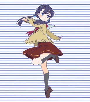 1girl black_socks blue_background blue_eyes blue_hair brown_cardigan brown_dress brown_shoes cardigan commentary_request dress full_body hasu_no_sora_school_uniform kneehighs leg_up link!_like!_love_live! loafers long_hair long_sleeves love_live! low_twintails murano_sayaka neckerchief open_cardigan open_clothes outstretched_arms pinstripe_background red_neckerchief revision sailor_collar sailor_dress school_uniform shinanoya_(satanicad) shoes socks solo spread_arms twintails virtual_youtuber white_sailor_collar winter_uniform