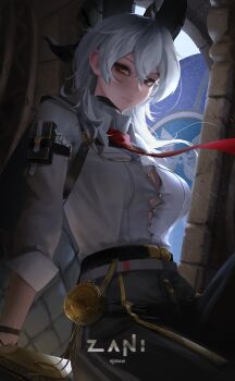 1girl absurdres arm_pouch artist_name black_choker black_horns black_jacket black_pants breasts button_gap character_name choker closed_mouth collared_shirt commentary curled_horns english_commentary hair_between_eyes highres horns jacket jacket_on_shoulders large_breasts looking_at_viewer necktie orange_eyes pants pouch red_necktie ritterdraws shirt sitting solo white_hair white_shirt wind wuthering_waves zani_(wuthering_waves)