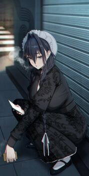 absurdres apron back_alley blue_eyes blue_hair braid breasts cellphone electronic_cigarette exhaling_smoke garage_door highres holding holding_electronic_cigarette holding_phone hololive hololive_english large_breasts long_skirt looking_at_viewer maid maid_apron maid_headdress ouro_kronii ouro_kronii_(maid) phone skirt smartphone smoking squatting twin_braids virtual_youtuber zenya