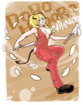 1girl alternate_eye_color artist_request blonde_hair boots breasts character_name cleavage copyright_name demon demon_horns demon_tail devil dorohedoro dumpling female_focus food gyoza horns jumpsuit long_hair medium_breasts nikaidou_(dorohedoro) no_bra ponytail red_eyes sideboob smile solo spatula tail torn_clothes